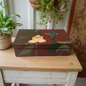Vintage Lacquered Lotus Floral and Bluebird Decorative Jewelry Box, Storage Box